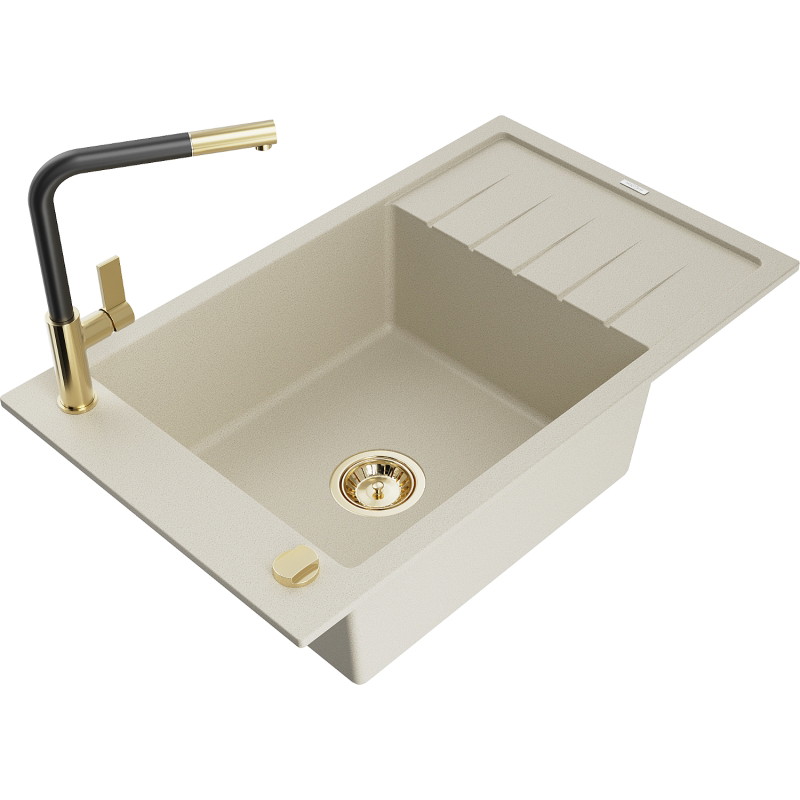 Mexen Elias Granit-Küchenspüle mit 1 Becken, Abtropffläche und Küchenarmatur Flora, beige - 6511-69-670401-57-G