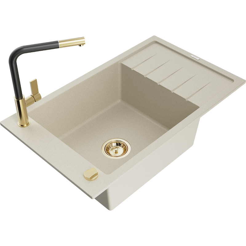 Mexen Elias Granitspüle 1-beckig mit Abtropffläche und Küchenarmatur Flora, beige - 6511-69-670401-57-G
