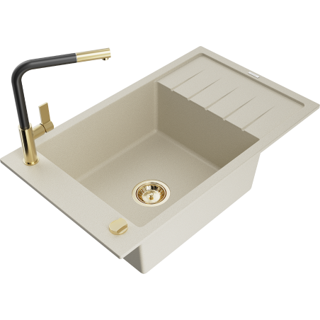 Mexen Elias Granitspüle 1-beckig mit Abtropffläche und Küchenarmatur Flora, beige - 6511-69-670401-57-G