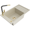 Mexen Elias 1-bowl granite sink with drainer and Flora kitchen faucet, beige - 6511-69-670401-57-G