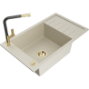 Mexen Elias granite kitchen sink 1-bowl with drainer and Flora kitchen tap, beige - 6511-69-670401-57-G