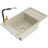Mexen Elias Granitspüle 1-beckig mit Abtropffläche und Küchenarmatur Flora, beige - 6511-69-670401-57-G