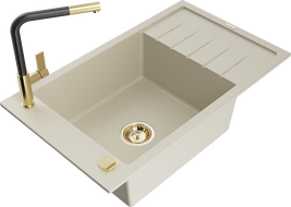Mexen Elias Granitspüle 1-beckig mit Abtropffläche und Küchenarmatur Flora, beige - 6511-69-670401-57-G