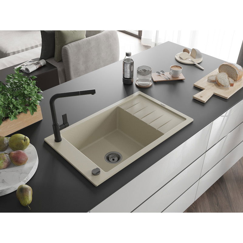 Mexen Elias 1-bowl granite sink with drainer and Flora kitchen tap, beige - 6511-69-670401-70-B