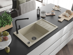 Mexen Elias granieten gootsteen 1-kompartment met afdruiprek en keukenkraan Flora, beige - 6511-69-670401-70-B