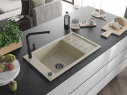 Mexen Elias Granitspüle 1-Becken mit Abtropffläche und Küchenarmatur Flora, beige - 6511-69-670401-70-B