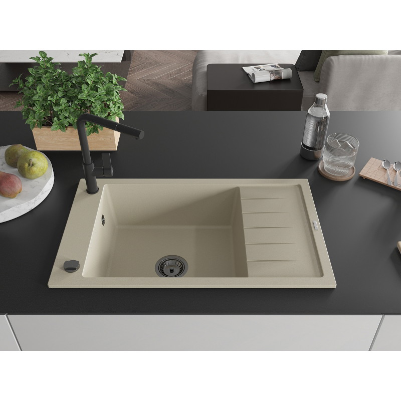 Mexen Elias granitische spoelbak met 1 bak, druiprek en keukenmengkraan Flora, beige - 6511-69-670401-70-B
