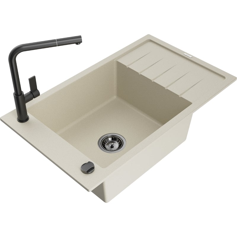 Mexen Elias 1-bowl granite sink with drainer and Flora kitchen faucet, beige - 6511-69-670401-70-B