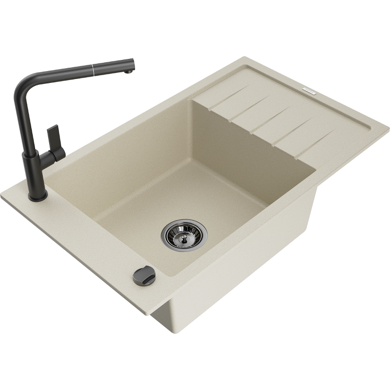 Mexen Elias 1-bowl granite sink with drainer and Flora kitchen tap, beige - 6511-69-670401-70-B
