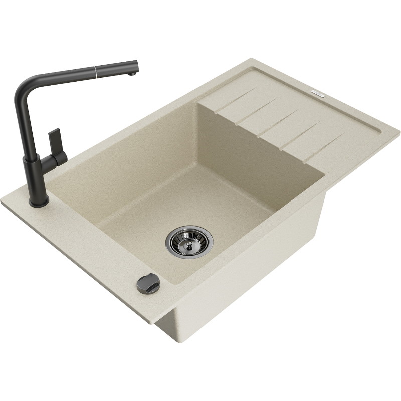 Mexen Elias fregadero de granito de 1 cuba con escurridor y grifo de cocina Flora, beige - 6511-69-670401-70-B