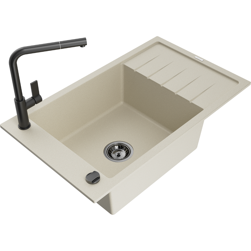 Mexen Elias fregadero de granito de 1 cubeta con escurridor y grifo de cocina Flora, beige - 6511-69-670401-70-B