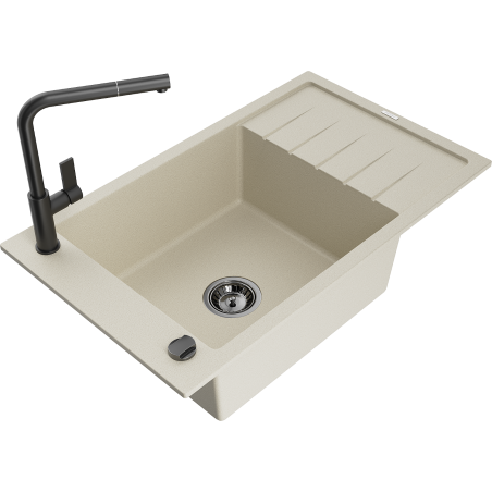 Mexen Elias évier en granit 1 bac avec égouttoir et robinet de cuisine Flora, beige - 6511-69-670401-70-B
