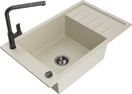 Mexen Elias 1-bowl granite sink with drainer and Flora kitchen tap, beige - 6511-69-670401-70-B