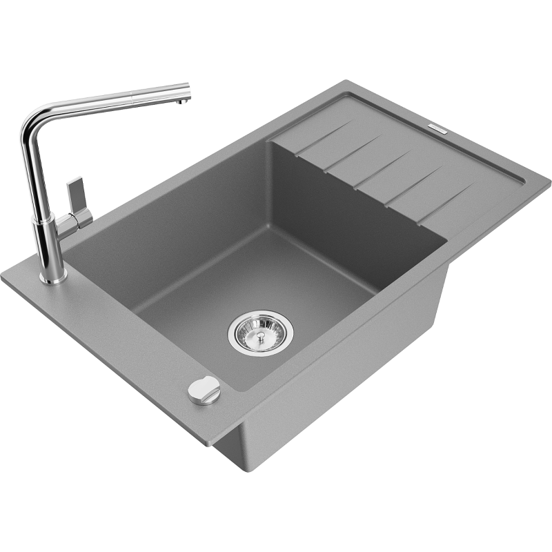 Mexen Elias yksi-komorinen graniittinen keittiöallas valutustasolla ja Flora-keittiöhanalla, harmaa - 6511-71-670401-00