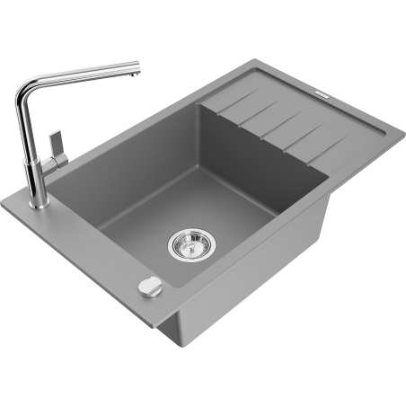 Mexen Elias granieten gootsteen met één kom, afdruiprek en Flora keukenkraan, grijs - 6511-71-670401-00