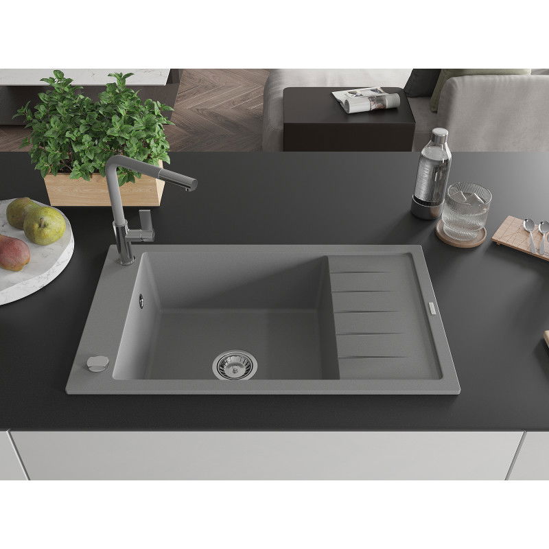 Mexen Elias granite sink 1-bowl with drainer and Flora kitchen tap, grey - 6511-71-670401-06