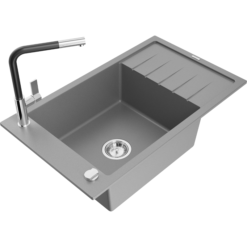 Mexen Elias lava-louça de granito de 1 cuba com escorredor e torneira de cozinha Flora, cinza - 6511-71-670401-07