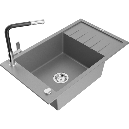 Mexen Elias évier en granit 1 bac avec égouttoir et robinet de cuisine Flora, gris - 6511-71-670401-07