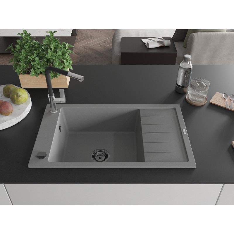 Mexen Elias fregadero de granito 1 seno con escurridor y grifo de cocina Flora, gris - 6511-71-670401-07-B