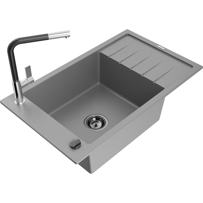 Mexen Elias fregadero de granito 1-balda con escurridor y grifo de cocina Flora, gris - 6511-71-670401-07-B