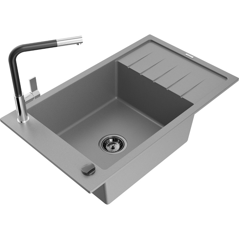 Mexen Elias fregadero de granito 1 seno con escurridor y grifo de cocina Flora, gris - 6511-71-670401-07-B