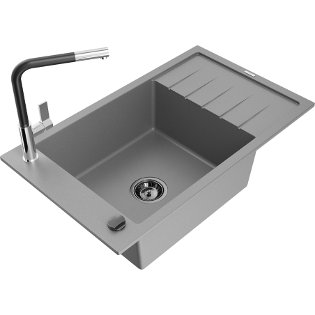 Mexen Elias 1-bowl granite sink with drainer and Flora kitchen tap, grey - 6511-71-670401-07-B