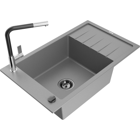 Mexen Elias Granitspüle 1-Becken mit Abtropffläche und Küchenarmatur Flora, grau - 6511-71-670401-07-B