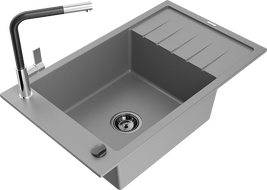 Mexen Elias 1-bowl granite sink with drainer and Flora kitchen tap, grey - 6511-71-670401-07-B