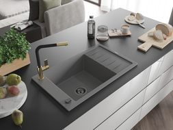 Mexen Elias fregadero de granito de 1 seno con escurridor y grifo de cocina Flora, gris - 6511-71-670401-57-B