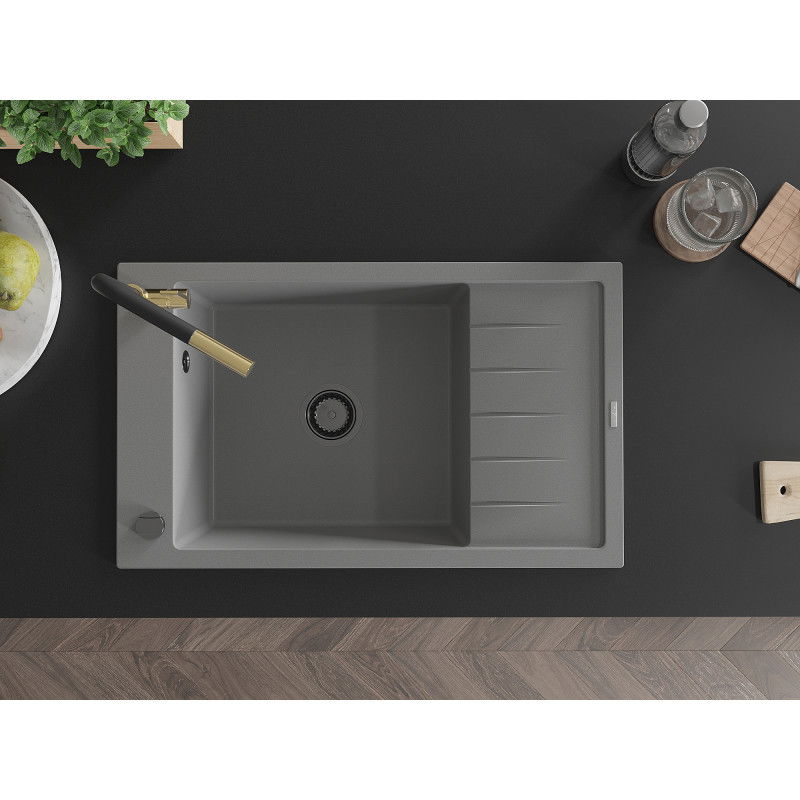 Mexen Elias fregadero de granito de 1 seno con escurridor y grifo de cocina Flora, gris - 6511-71-670401-57-B