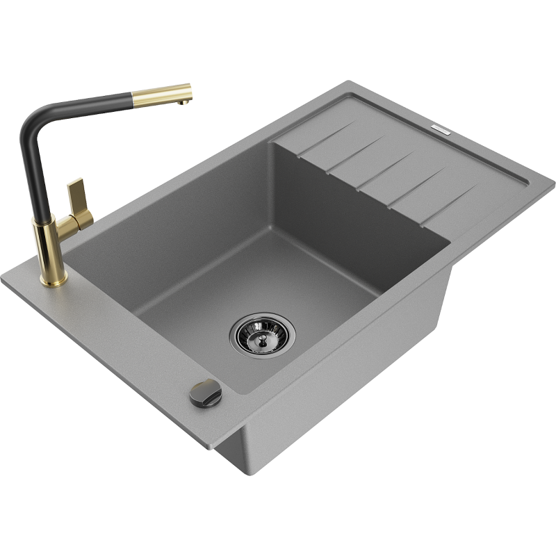 Mexen Elias 1-bowl granite sink with drainer and Flora kitchen tap, grey - 6511-71-670401-57-B