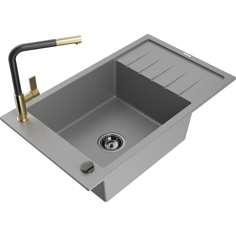 Mexen Elias lava-loiça de granito de 1 cuba com escorredor e torneira de cozinha Flora, cinzento - 6511-71-670401-57-B