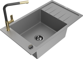 Mexen Elias 1-bowl granite sink with drainer and Flora kitchen tap, grey - 6511-71-670401-57-B