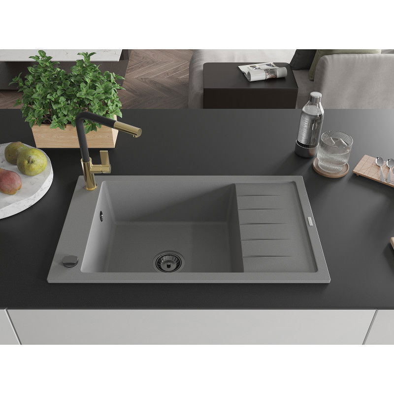 Mexen Elias 1-bowl granite sink with drainer and Flora kitchen tap, grey - 6511-71-670401-57-B