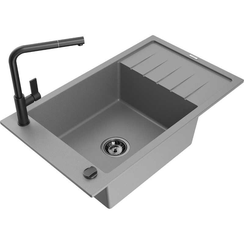 Mexen Elias 1-bowl granite sink with drainer and Flora kitchen tap, grey - 6511-71-670401-70-B