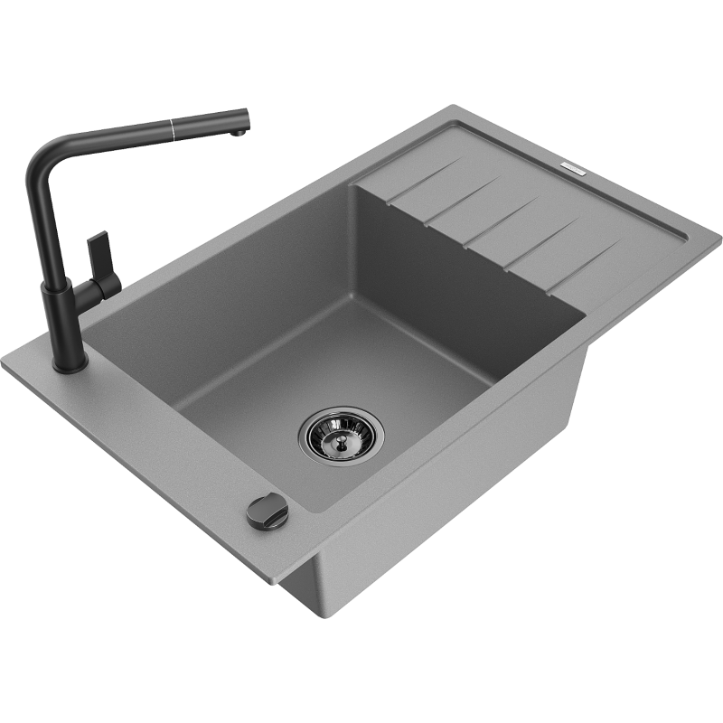 Mexen Elias granieten spoelbak 1-komorige met afdruiprek en keukenkraan Flora, grijs - 6511-71-670401-70-B