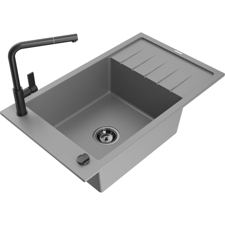 Mexen Elias 1-bowl granite sink with drainer and Flora kitchen tap, grey - 6511-71-670401-70-B
