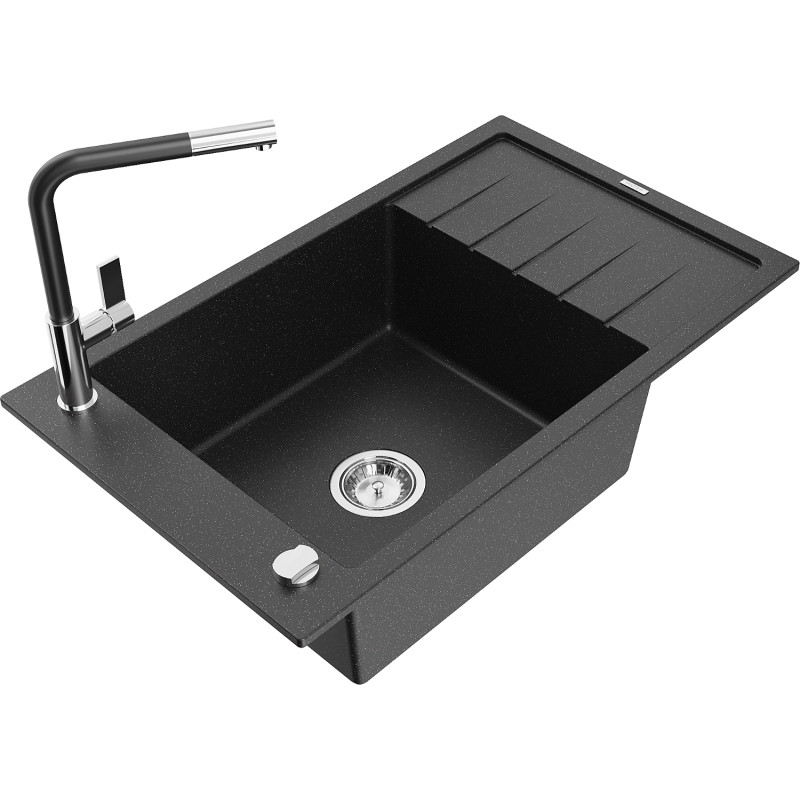 Mexen Elias granieten gootsteen 1-komorig met afdruiprek en keukenmengkraan Flora, zwart/zilver metallic - 6511-73-670401-07