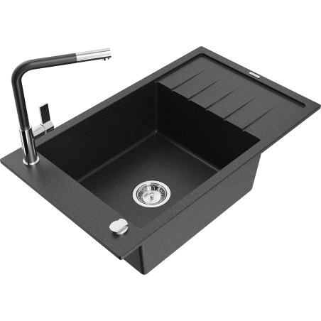 Mexen Elias Einbauspüle aus Granit, 1 Becken mit Abtropffläche und Küchenarmatur Flora, schwarz/silber metallic - 6511-73-67040?