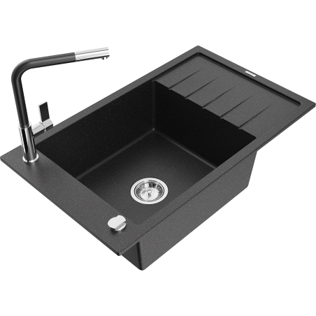 Mexen Elias granieten spoelbak met 1 bak en afdruiprek en keukenkraan Flora, zwart/zilver metallic - 6511-73-670401-07
