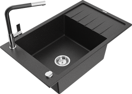 Mexen Elias granite sink 1-bowl with drainer and Flora kitchen tap, black/silver metallic - 6511-73-670401-07