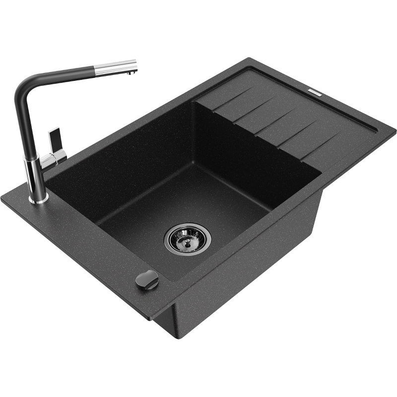 Mexen Elias single-bowl granite sink with drainer and Flora kitchen tap, black/silver metallic - 6511-73-670401-07-B