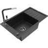 Mexen Elias single-bowl granite sink with drainer and Flora kitchen tap, black/silver metallic - 6511-73-670401-07-B