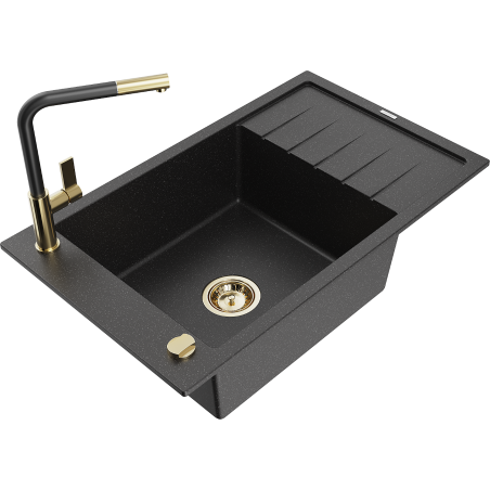 Mexen Elias Granitspüle 1-beckig mit Abtropffläche und Küchenarmatur Flora, schwarz/silber metallic - 6511-73-670401-57-G