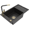 Mexen Elias Granitspüle 1-Becken mit Abtropffläche und Küchenarmatur Flora, schwarz/silber metallic - 6511-73-670401-57-G