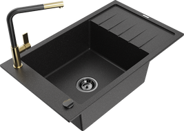 Mexen Elias Granite Sink 1-Bowl with Drainer and Flora Kitchen Tap, Black/Silver Metallic - 6511-73-670401-57-B