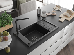 Mexen Elias Granitspüle 1-Becken mit Abtropffläche und Küchenarmatur Flora, Schwarz/Silber Metallic - 6511-73-670401-70-B