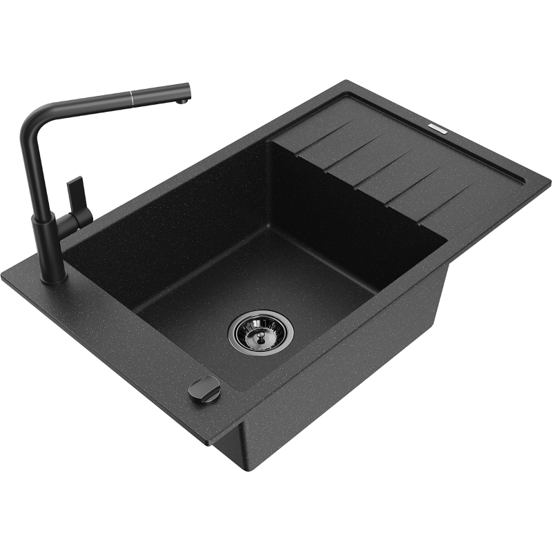 Mexen Elias granite sink 1-bowl with drainer and Flora kitchen tap, black/silver metallic - 6511-73-670401-70-B