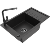 Mexen Elias granite sink 1-bowl with drainer and Flora kitchen tap, black/silver metallic - 6511-73-670401-70-B