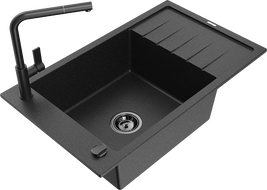 Mexen Elias granite sink 1-bowl with drainer and Flora kitchen tap, black/silver metallic - 6511-73-670401-70-B